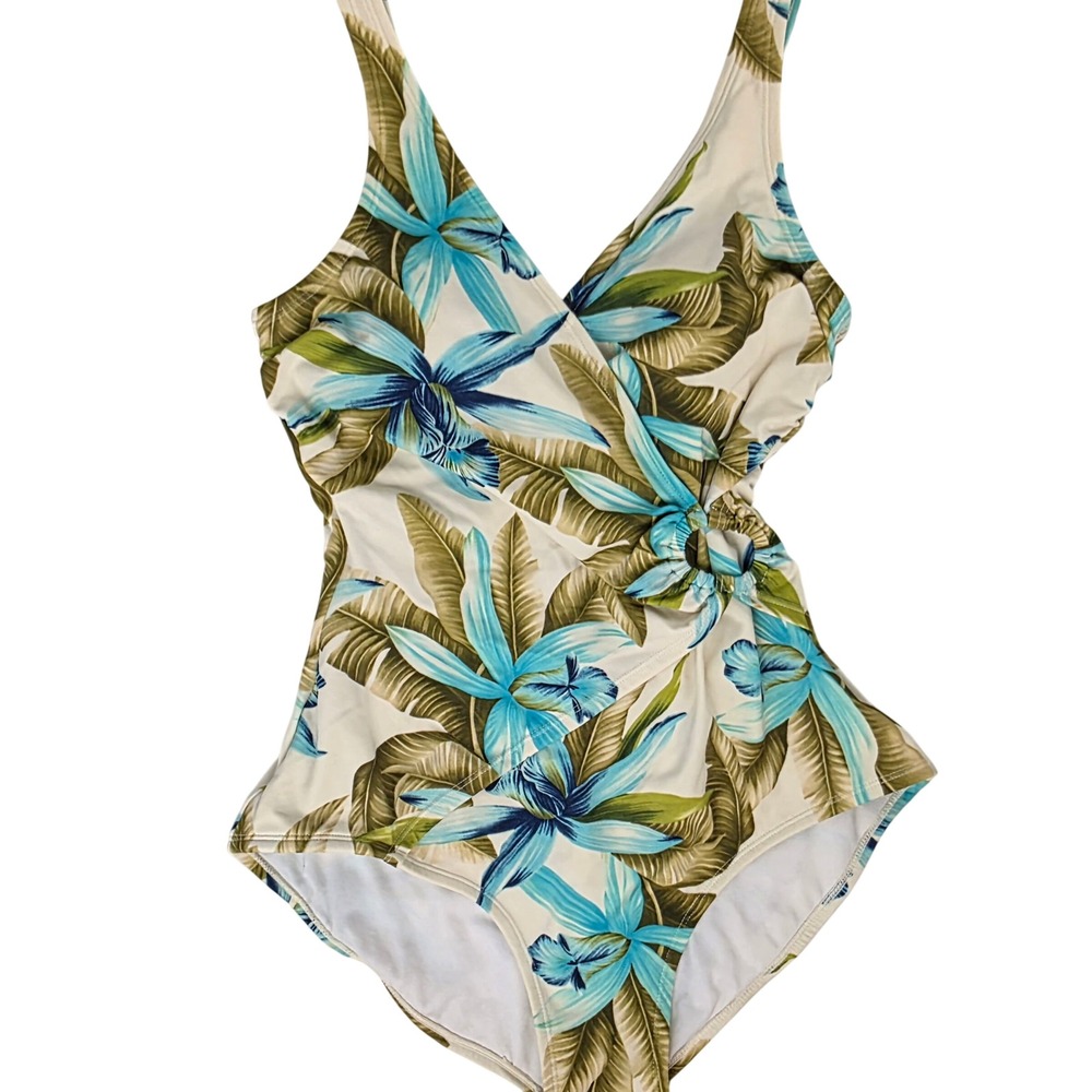 Jantzen Classics Womens Tropical Floral One Piece Swimsuit Blue Green Cream Sz 8